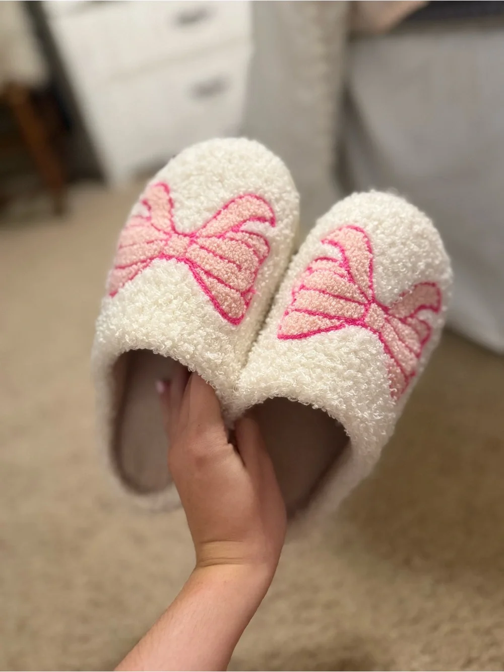 Cozy Cream Kids Slippers with Pink Bow Embroidery